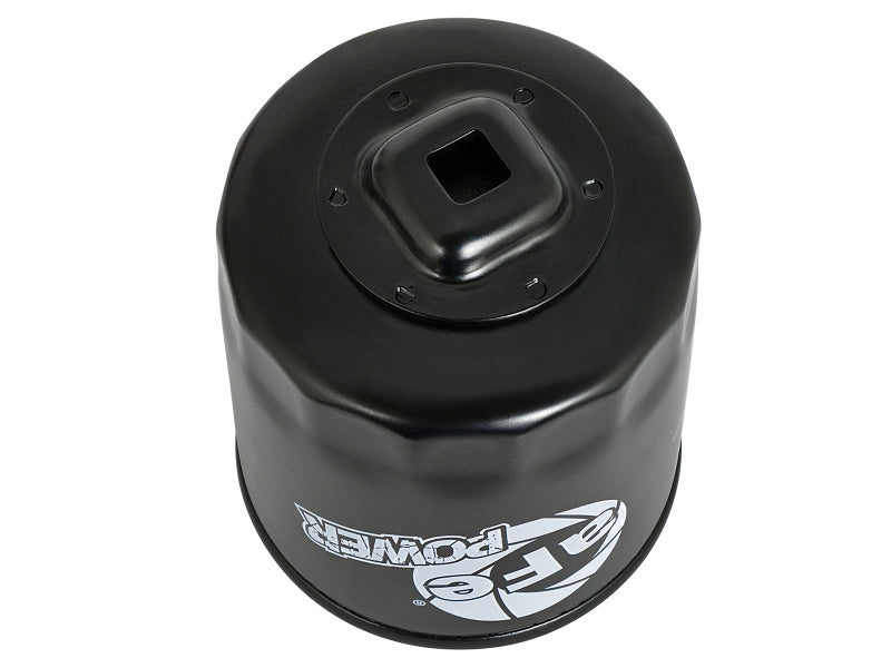 afe PROGUARD oil filter featuring a black cylindrical design with a square opening on top and branding on the side.