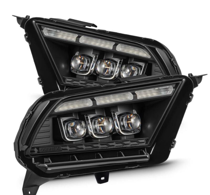 AlphaRex 10-12 Ford Mustang NOVA-Series LED projector headlights in black with active light and sequential signal features.