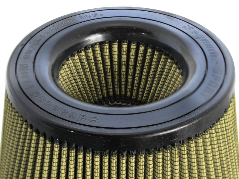 Universal afe Magnum FLOW air filter with a cylindrical design, featuring a black top and textured gold filter media.