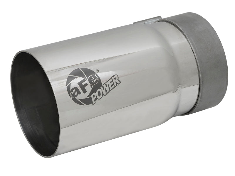 Polished aFe MACH Force-Xp universal exhaust tip with a 3.5-inch inlet, 4-inch outlet, and 7-inch length for enhanced performance.