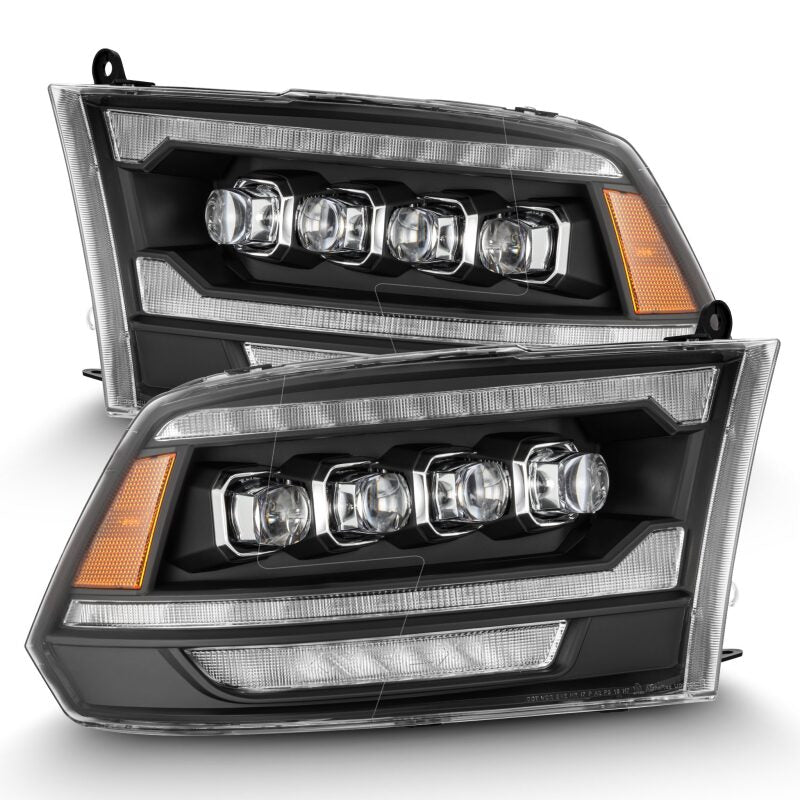 AlphaRex NOVA LED projector headlights for 09-18 Dodge Ram 2500, featuring a plank style design in black with activation light.