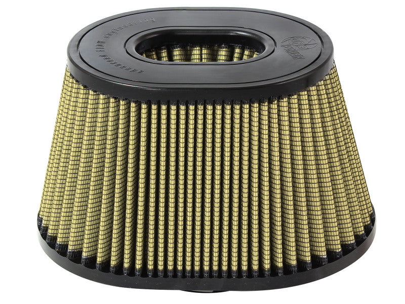 afe Magnum FORCE replacement air filter with a tapered design, featuring a black top and gold pleated filter media.