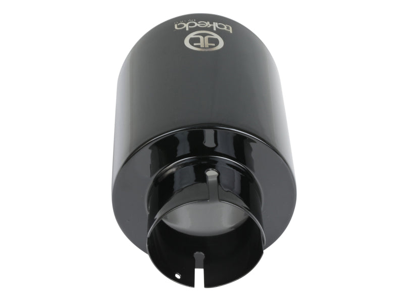 Black afe Takeda universal exhaust tip with a 2-1/2 inch inlet, 4-1/2 inch outlet, and 7 inch length, showcasing a sleek design.