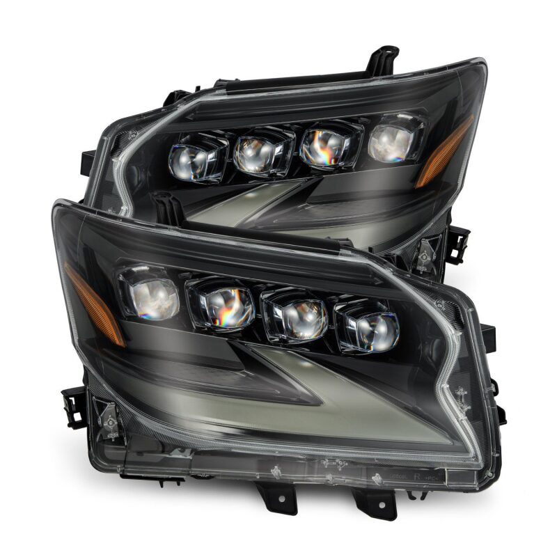 AlphaRex NOVA LED projector headlights for 14-19 Lexus GX460 in alpha black with sequential signals and active light.