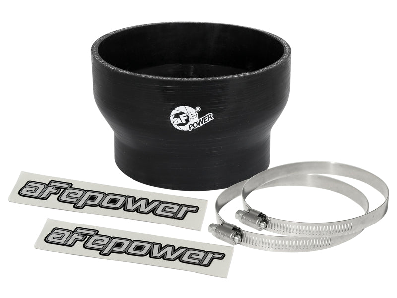 AFE Magnum FORCE Intake Coupling Kit featuring a black straight coupling, two stainless steel clamps, and branded stickers.