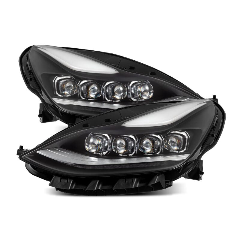 AlphaRex NOVA-Series LED projector headlights for 2017-2022 Tesla Model 3 and 2020-2023 Model Y in black with sequential signals.