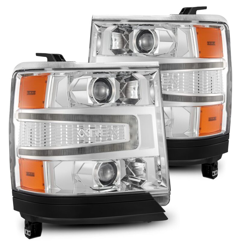 AlphaRex LUXX LED projector headlights for 2016-2018 Chevy 1500HD with chrome finish and sequential lighting features.