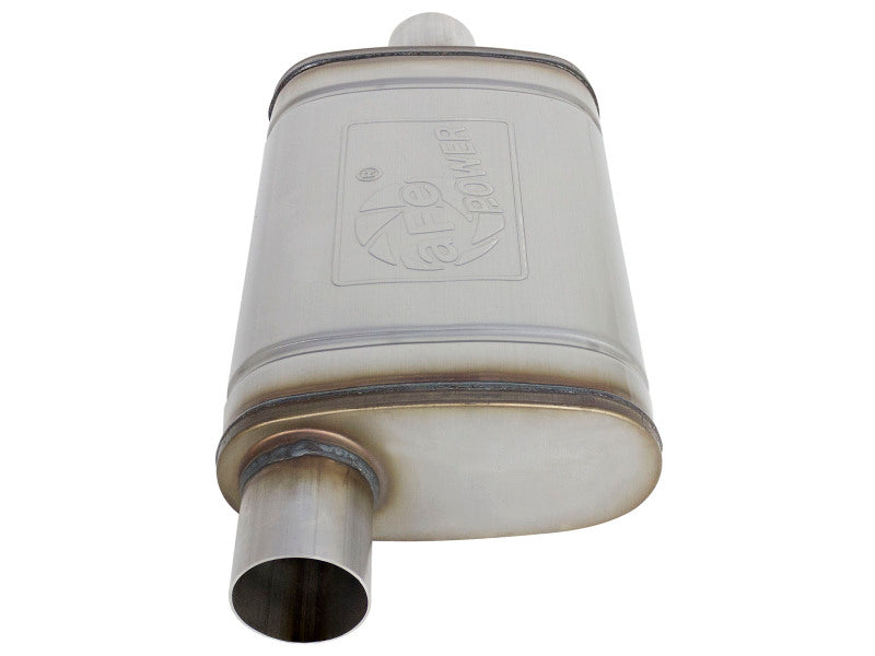 aFe MACH Force-Xp muffler with oval body, 2.5-inch inlet, 9-inch width, 4-inch height, and 14-inch length.