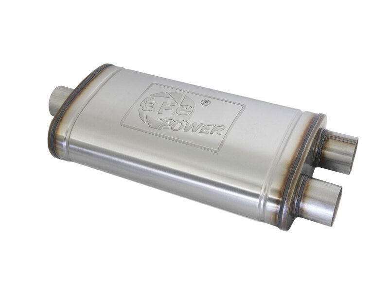 Afe MACH Force-Xp oval muffler with dual outlets, 3-inch inlet, and dimensions 11x6x22 inches for enhanced exhaust flow.