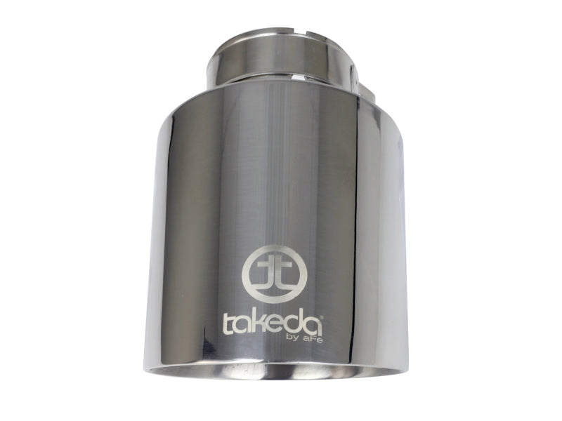 Polished afe Takeda universal exhaust tip with 2-1/2 inch inlet, 4-1/2 inch outlet, and 7 inch length for enhanced performance.