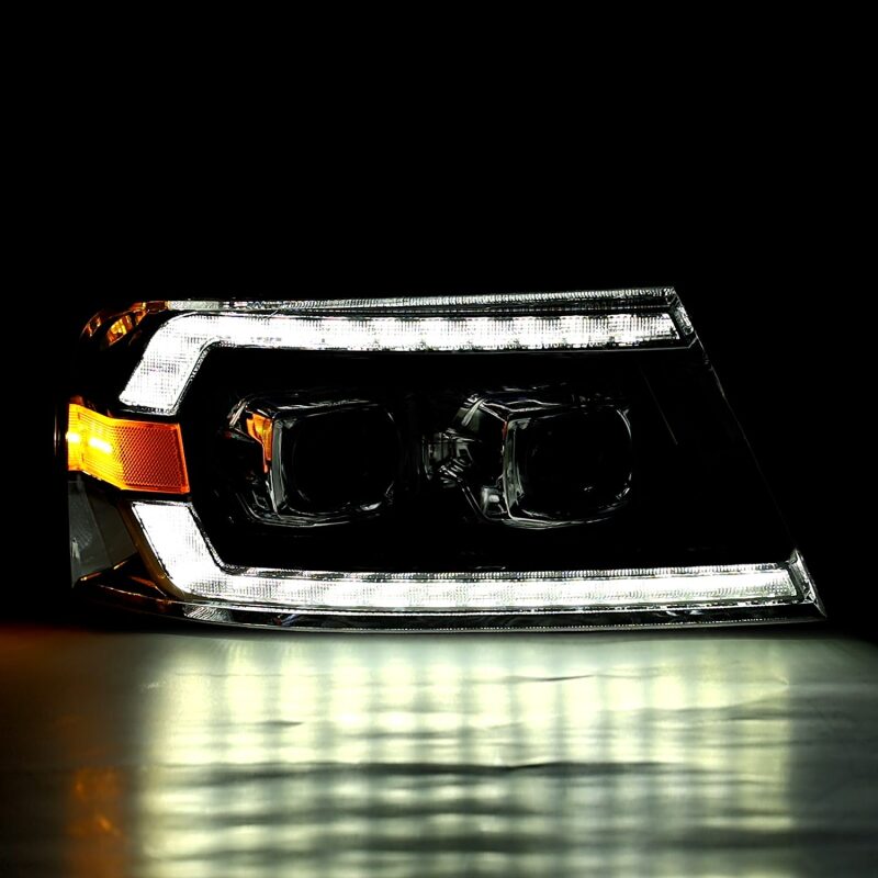 AlphaRex LUXX-Series LED projector headlights for 2004-2008 Ford F-150, featuring sequential signals and active lighting.