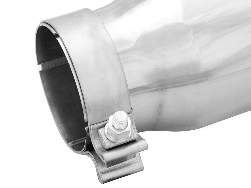 Afe MACH Force-Xp universal exhaust tip with a 3-1/2 inch inlet, 4-1/2 inch outlet, and 12 inch length, featuring a polished finish and clamp.