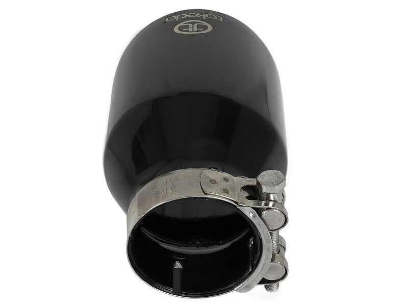 Black afe Takeda universal exhaust tip with a 2-1/2 inch inlet, 4 inch outlet, and 6 inch length, featuring a polished finish.