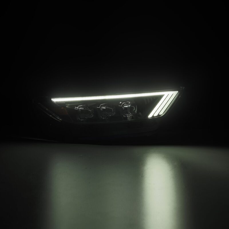 AlphaRex NOVA Series LED projector headlights for 15-17 Ford Mustang in black, showcasing a sleek design with bright illumination.