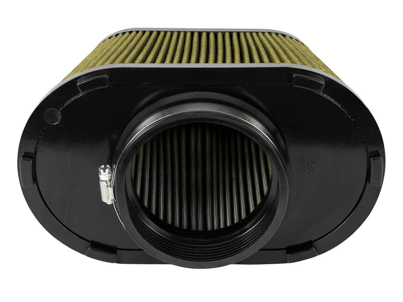 Afe Magnum FORCE replacement air filter with a cylindrical design, featuring a green filter element and black housing.