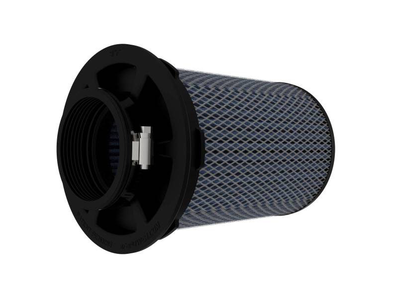 aFe MagnumFLOW Pro 5R air filter featuring a cylindrical design with a black base and blue mesh material for enhanced airflow.