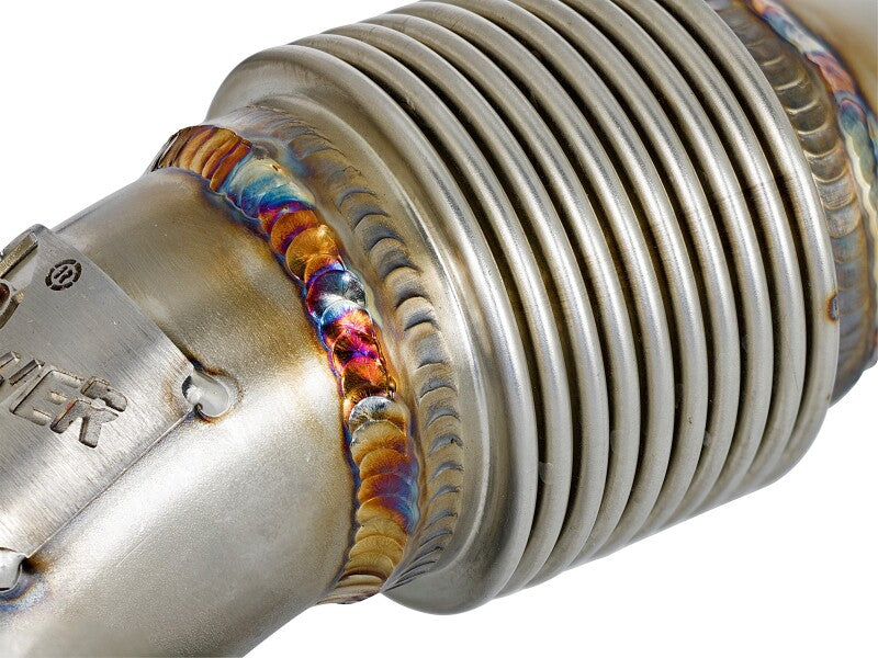 Close-up of aFe Twisted Steel Up-Pipe for GM Diesel Trucks, showcasing high-quality welds and durable construction for LB7 engines.