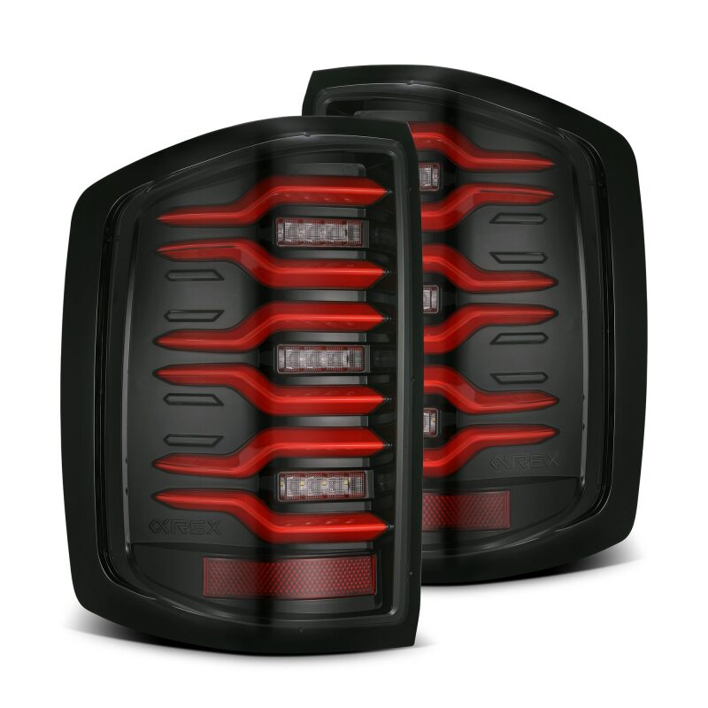 AlphaRex Luxx-Series LED tail lights for 14-18 Chevy Silverado 1500 in black and red with sequential signals.