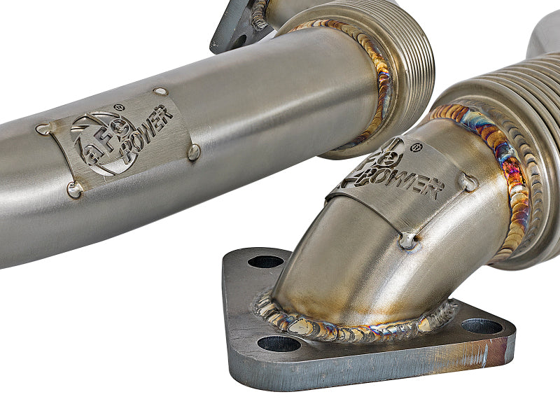 AFE Twisted Steel Up-Pipe for GM Diesel Trucks 01-04 V8-6.6L LB7, showcasing high-quality stainless steel construction and welds.