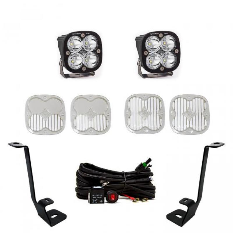 Baja Designs A Pillar Kit for 2021+ Ford F150 featuring Squadron Pro Spot lights, brackets, and wiring harness.