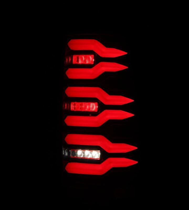 AlphaRex LUXX-Series LED tail lights for 99-06 Chevrolet Silverado and GMC Sierra in black and red design.