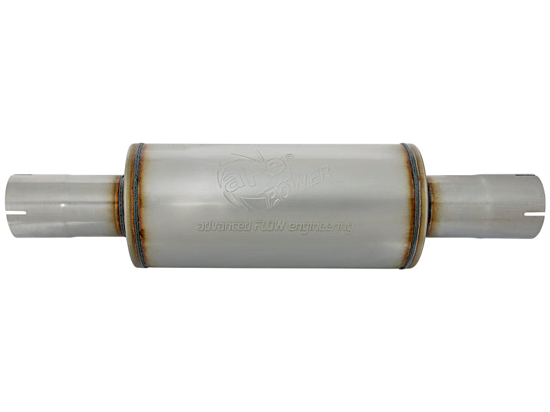 AFE ATLAS round muffler with 3.5-inch ID, 7-inch diameter, and 16-inch length, featuring a polished metal finish.