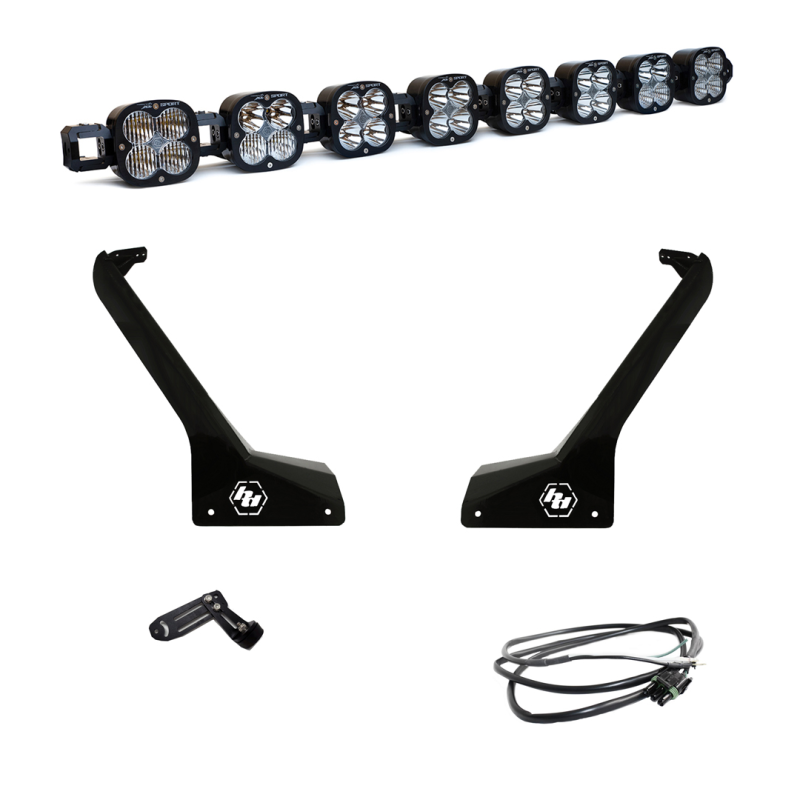 Baja Designs Jeep JL/JT Roof Bar LED Light Kit featuring eight linkable XL lights, mounting brackets, and wiring harness.