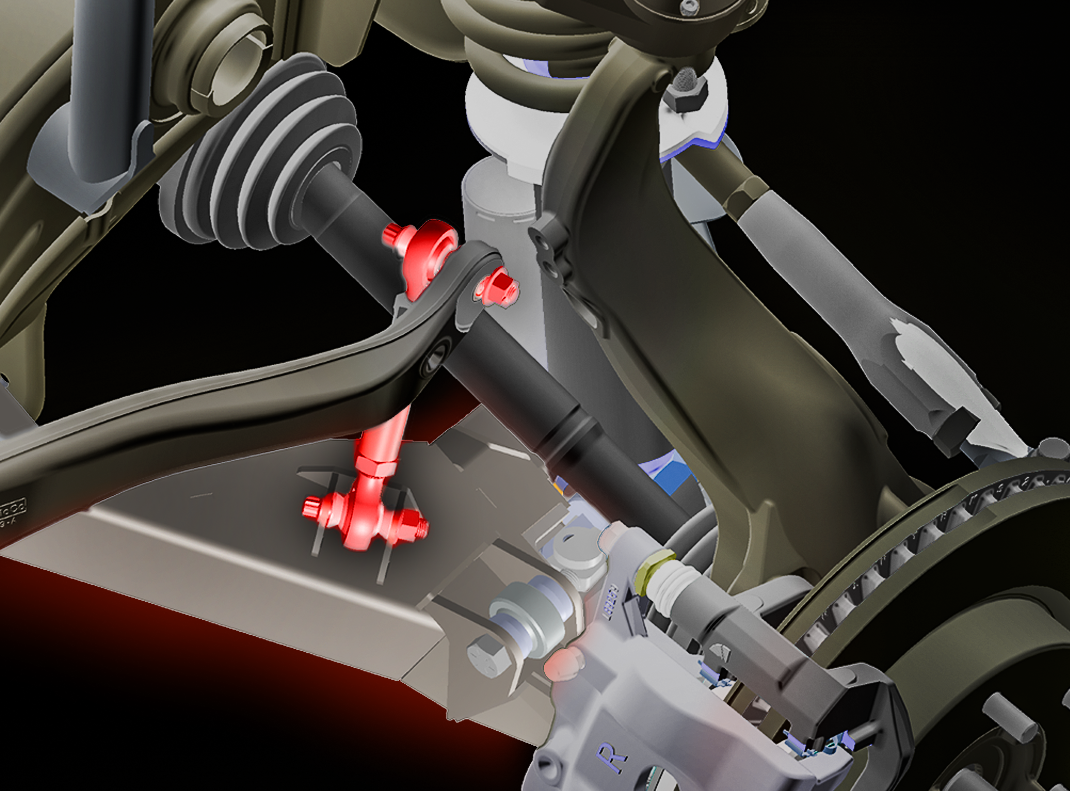Bronco 2021+ sway bar links designed for stock sway bar and fabricated A-arms, showcasing detailed suspension components.
