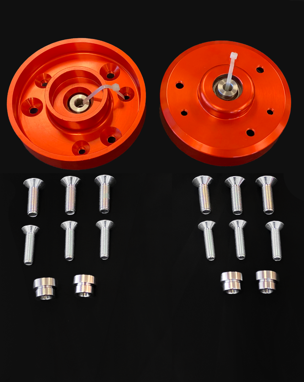 Billet aluminum top hat for 2010-2014 Raptor stock shocks, includes mounting screws and spacers for stock height.