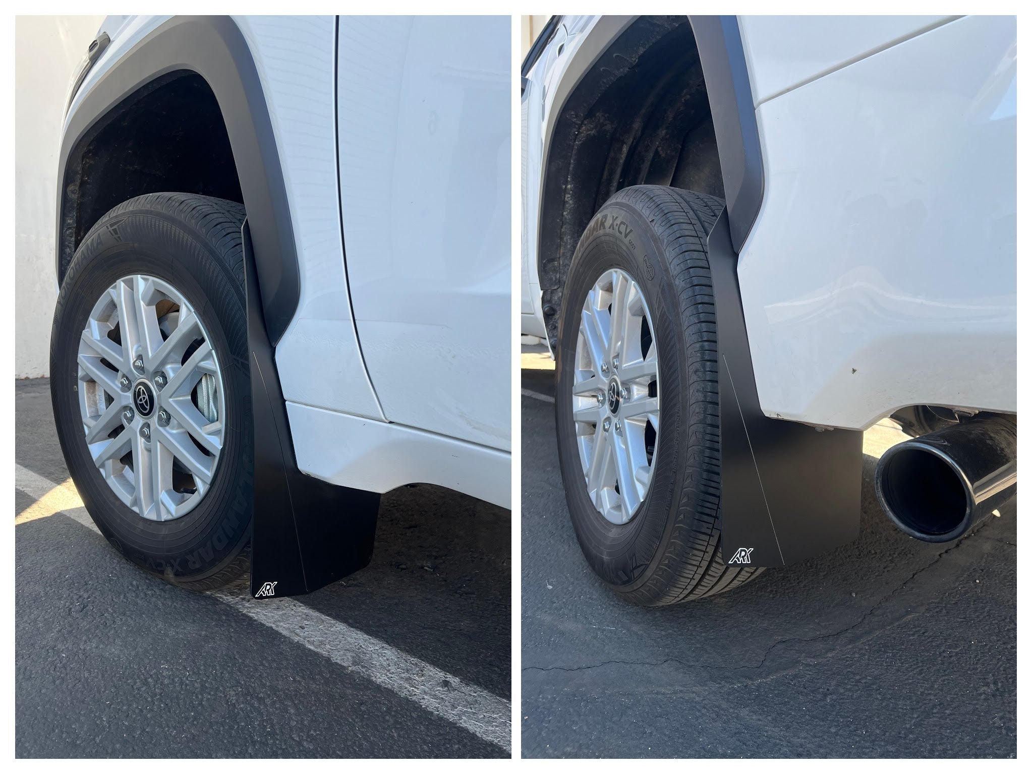 2022+ Toyota Tundra TriXPoly Mudflaps installed on a white truck, protecting tires from mud and debris.
