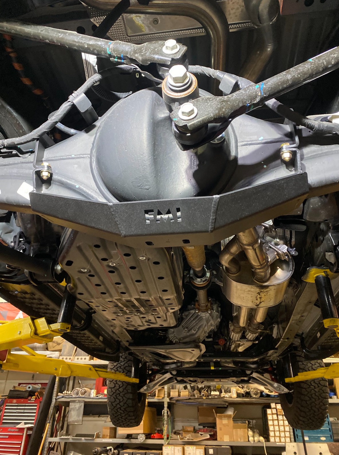 2024 Ranger Raptor rear differential skid plate installed, showcasing robust protection and durable construction for offroad use.