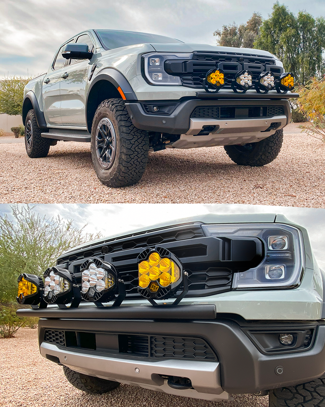 2024 Ranger Raptor Front Light Mount Kit for stock bumper, showcasing versatile light options on a rugged truck.