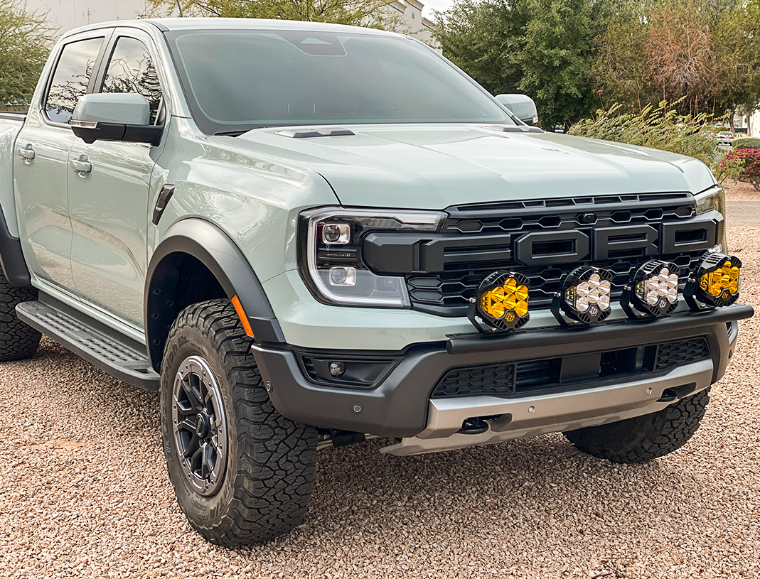 2024 Ranger Raptor Front Light Mount Kit for stock bumper, showcasing versatile light mounting options on a rugged truck.