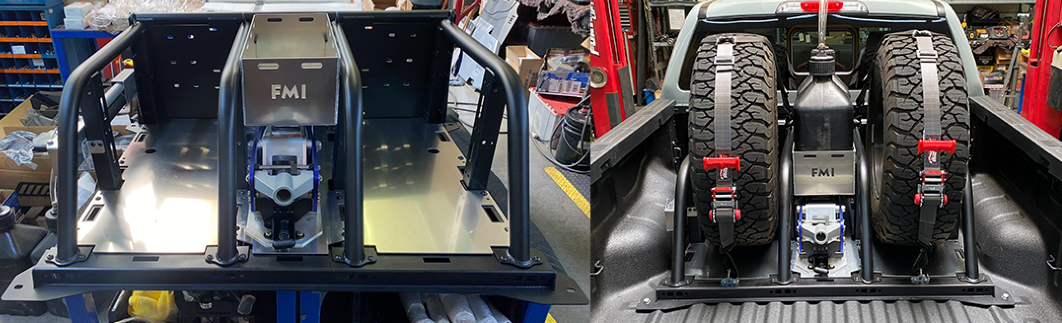 Modular bed organizer for 2024 Ranger and Ranger Raptor, featuring secure mounts for tools and spare tires.