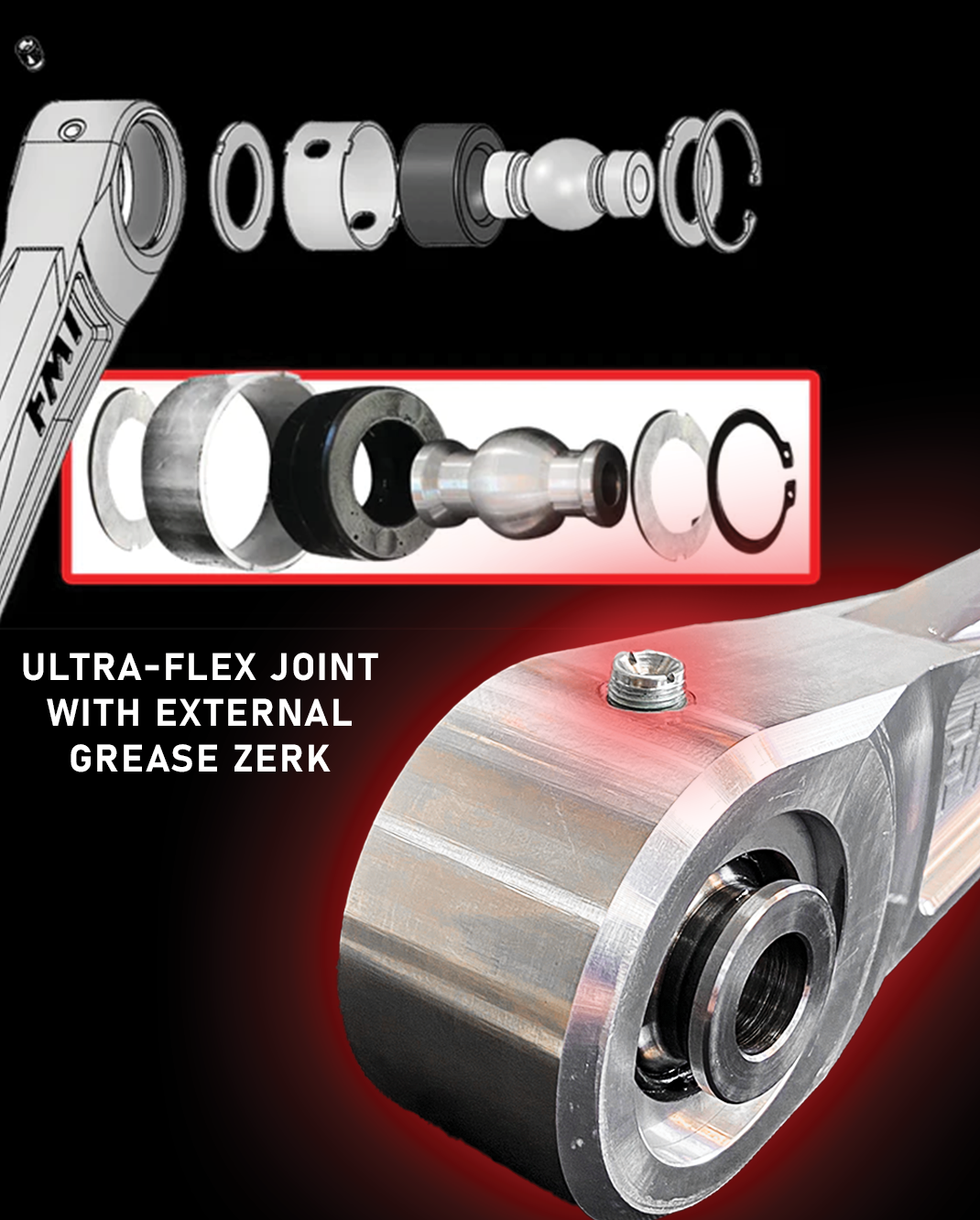 2024 Ranger Raptor billet aluminum rear Watts link kit showcasing ultra-flex joint with external grease zerk for enhanced performance.