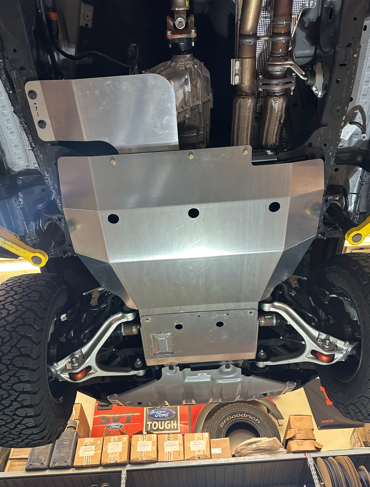 2024 Ford Ranger Raptor skid plate installed, showcasing durable protection for undercarriage components.
