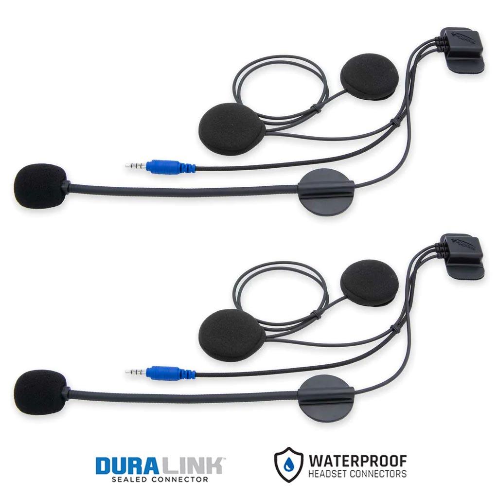 Bluetooth intercom kit for two people, featuring helmet speakers and waterproof connectors for clear communication.