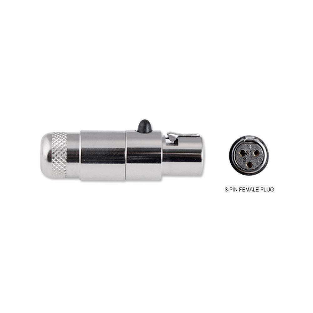 3-Pin female mini XLR connector with a silver metal body and a circular socket for audio connections.