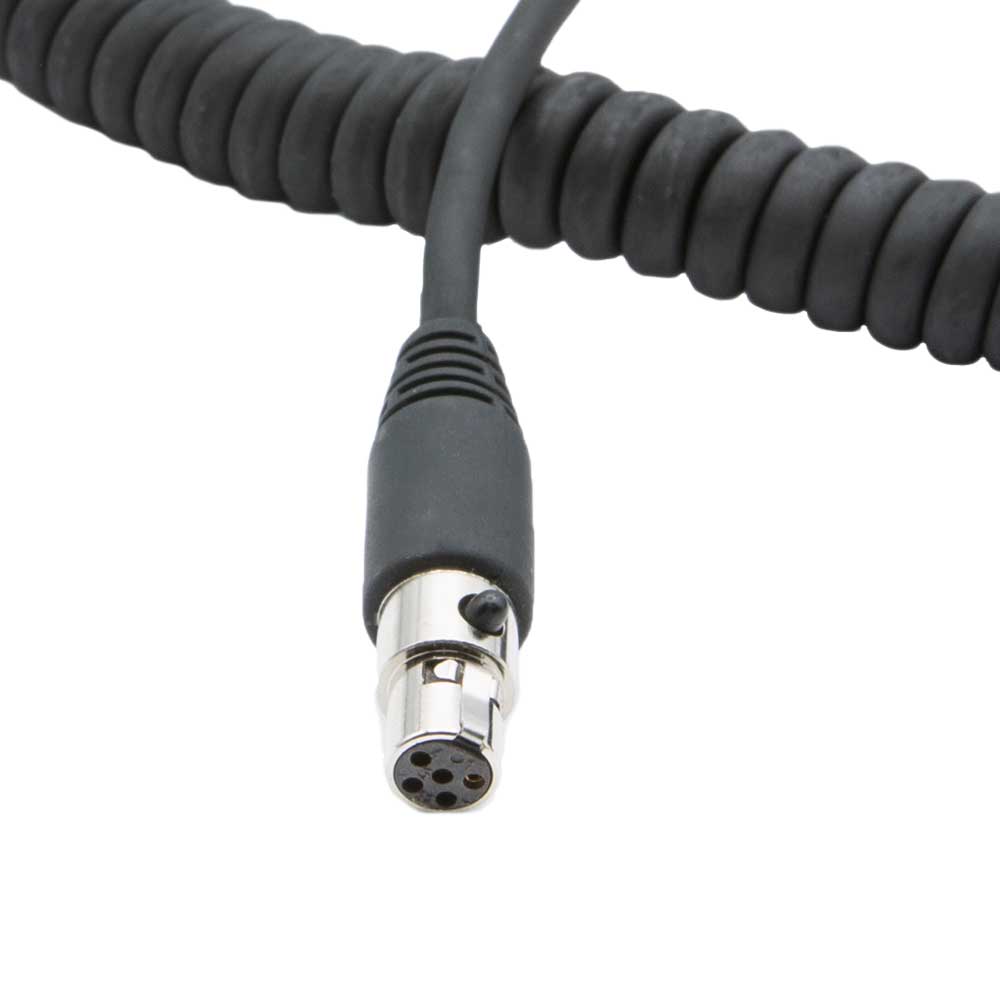 5-Pin to General Aviation Headset Adapter Cable with coiled design and metal connector for secure audio connection.
