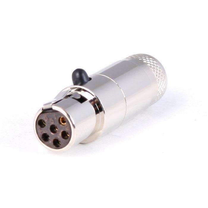 6-Pin female mini XLR connector with a metal housing and locking mechanism for secure audio connections.