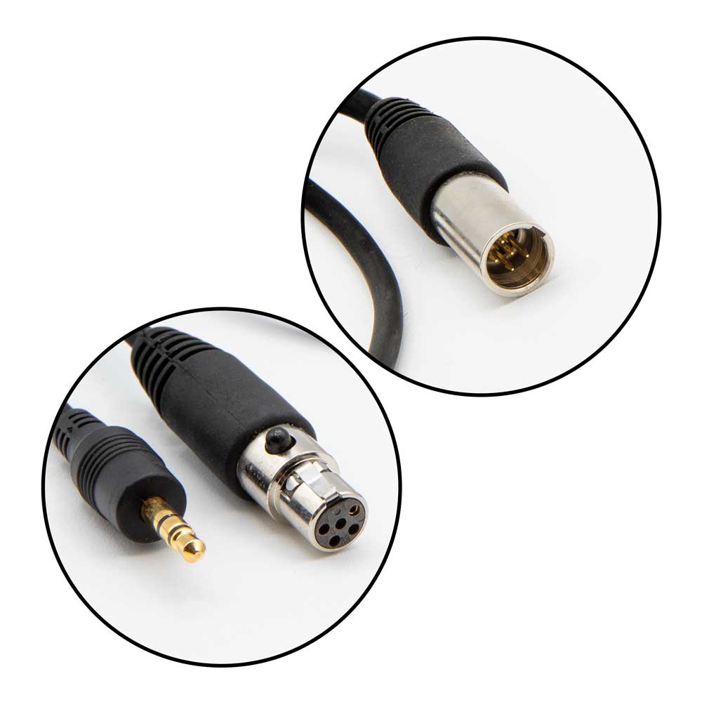 Adapter for connecting a scanner to a 5-pin car harness headset or intercom, featuring a 3.5mm and 5-pin connector.