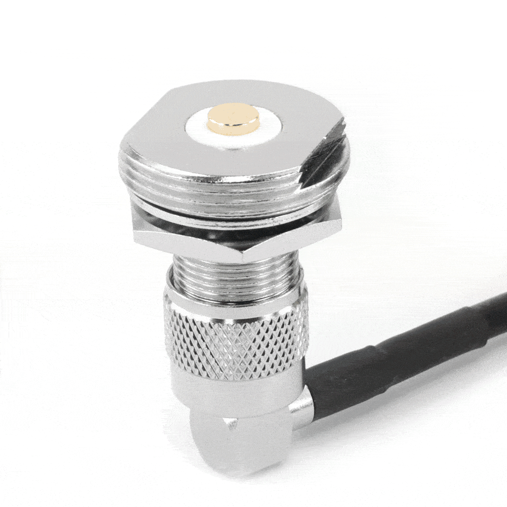 Antenna coax cable cap designed for NMO mounts, featuring a durable metal construction and secure connection point.