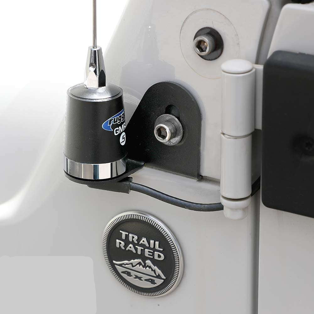 Antenna mount installed on a Jeep Wrangler, showcasing a sleek design for secure antenna placement.