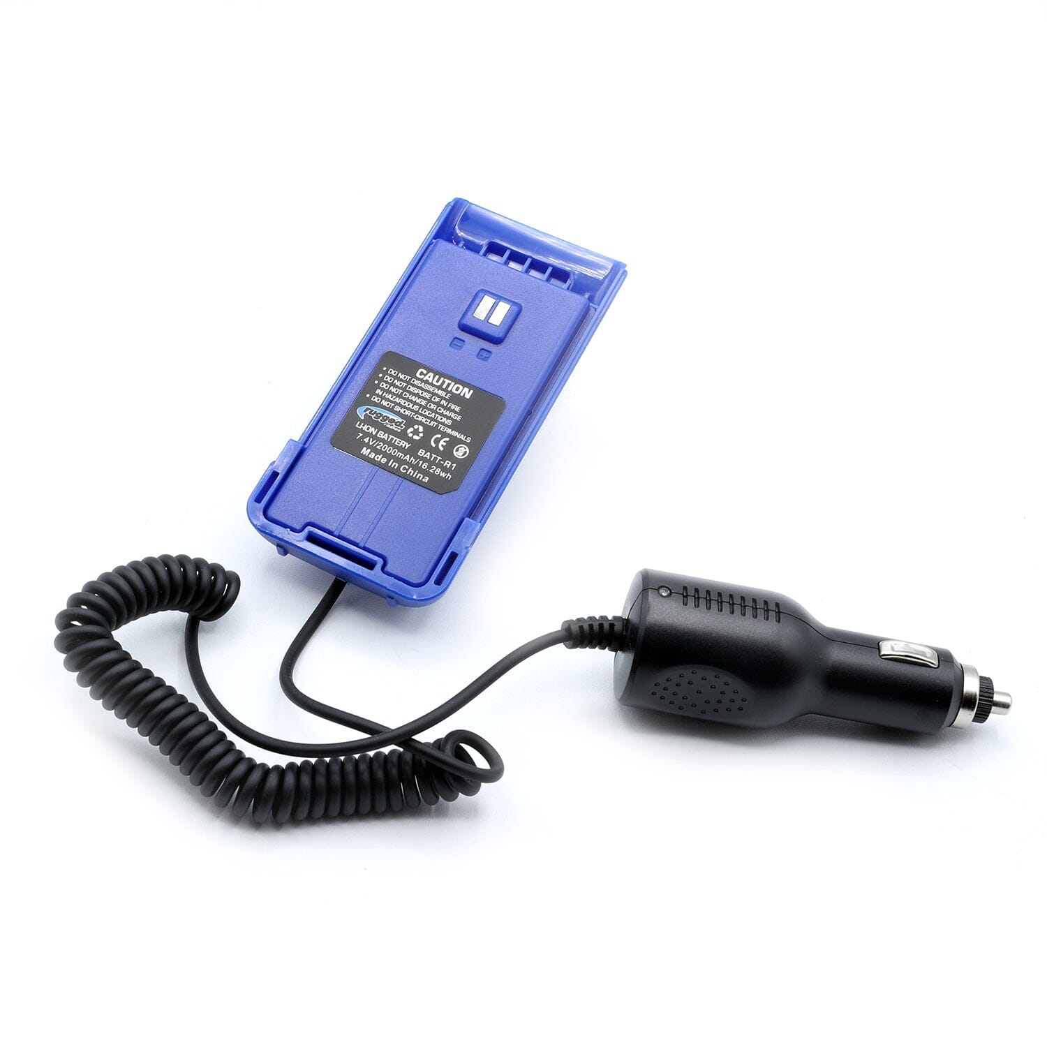 Battery eliminator for R1 handheld radio with a blue casing and coiled cord connecting to a car charger.