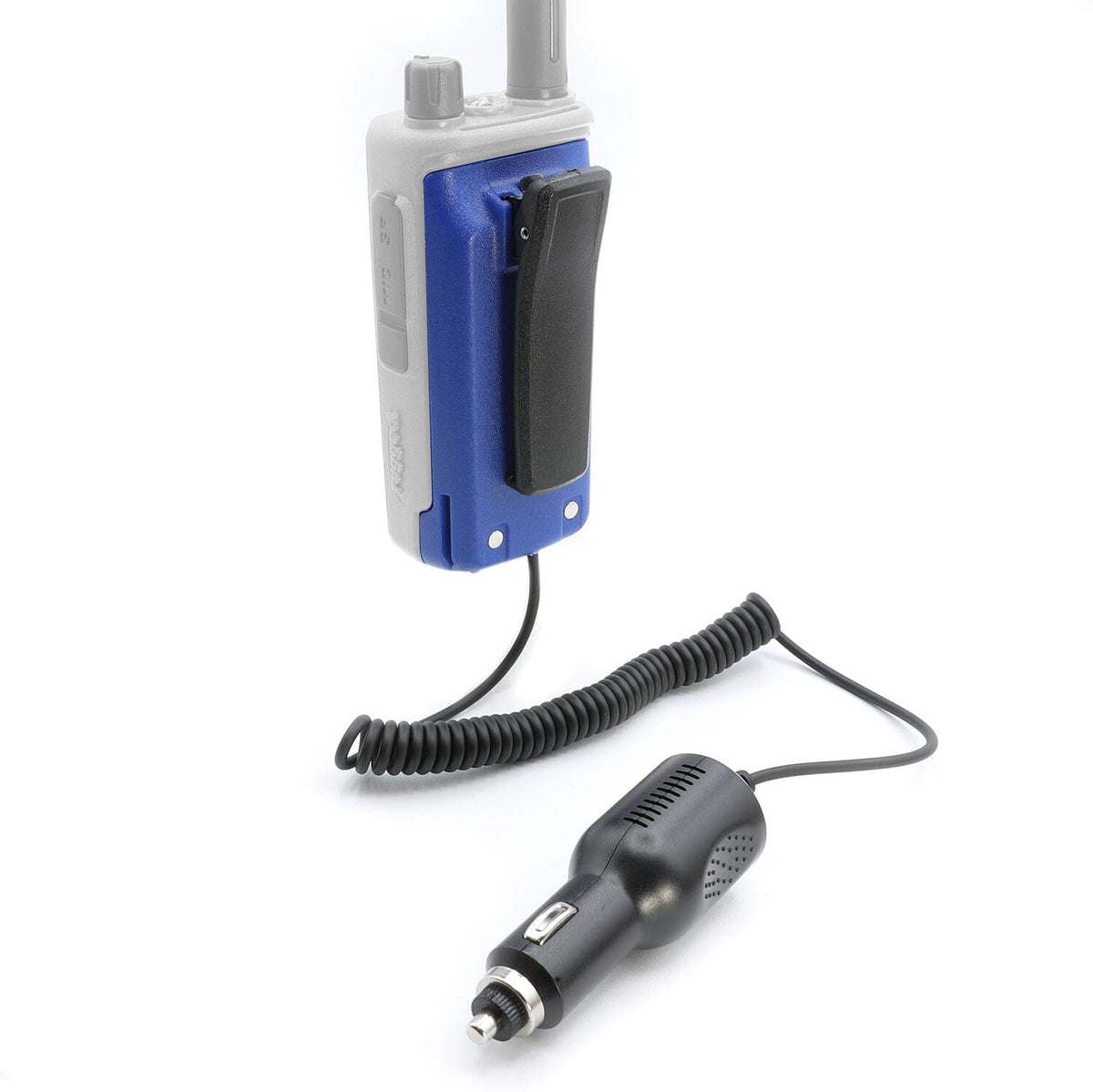 Battery eliminator for R1 handheld radio, featuring a coiled cord and car adapter for continuous power supply.