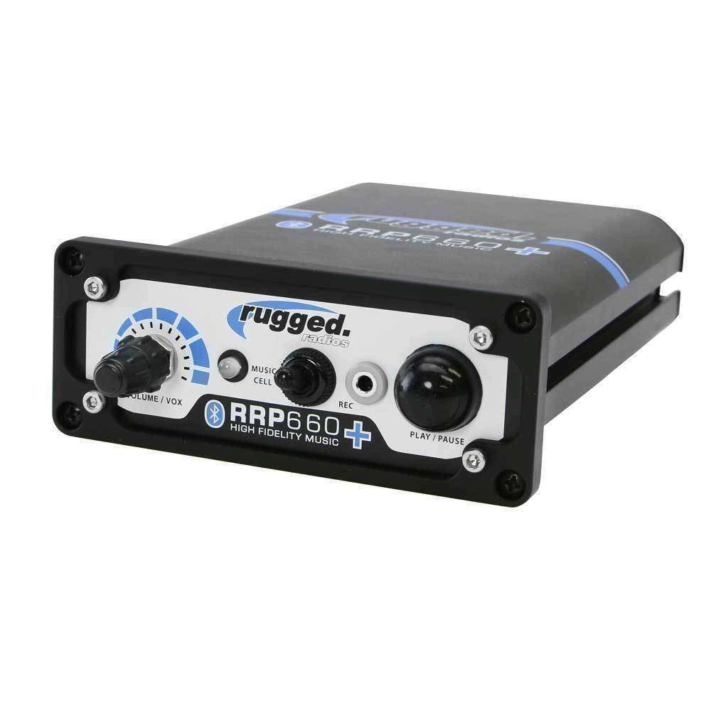 Billet panel mount bezel for Rugged Intercoms, featuring volume control, music input, and playback buttons.