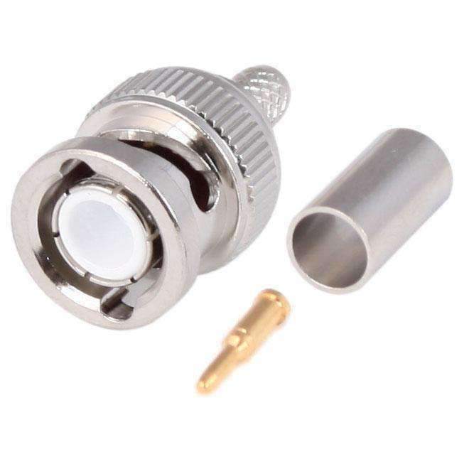 BNC antenna connector for coax cable, featuring a metal body, insulator, and gold-plated pin for secure connections.