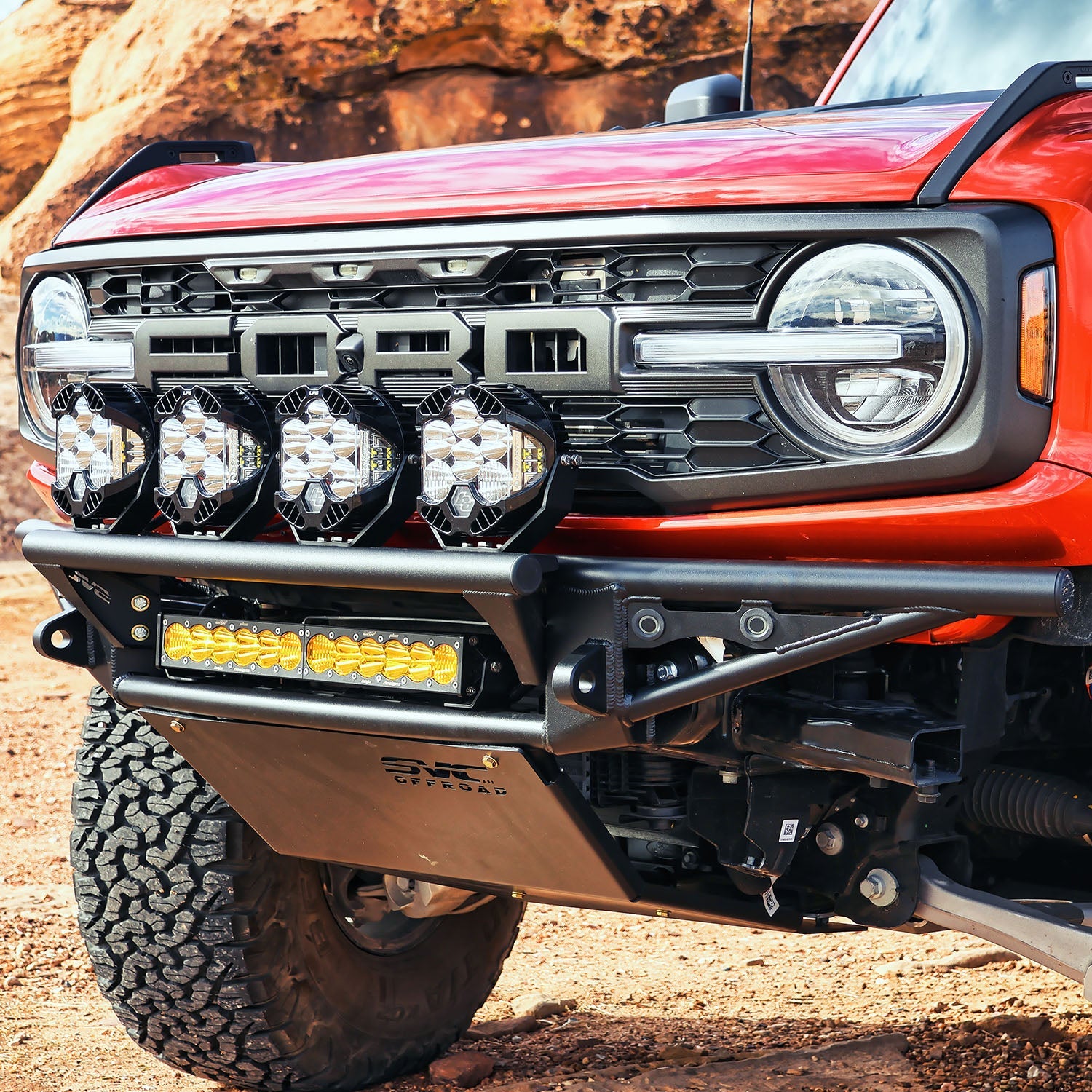 2021 Ford Bronco Baja bumper with integrated LED lights, designed for offroad performance and rugged aesthetics.