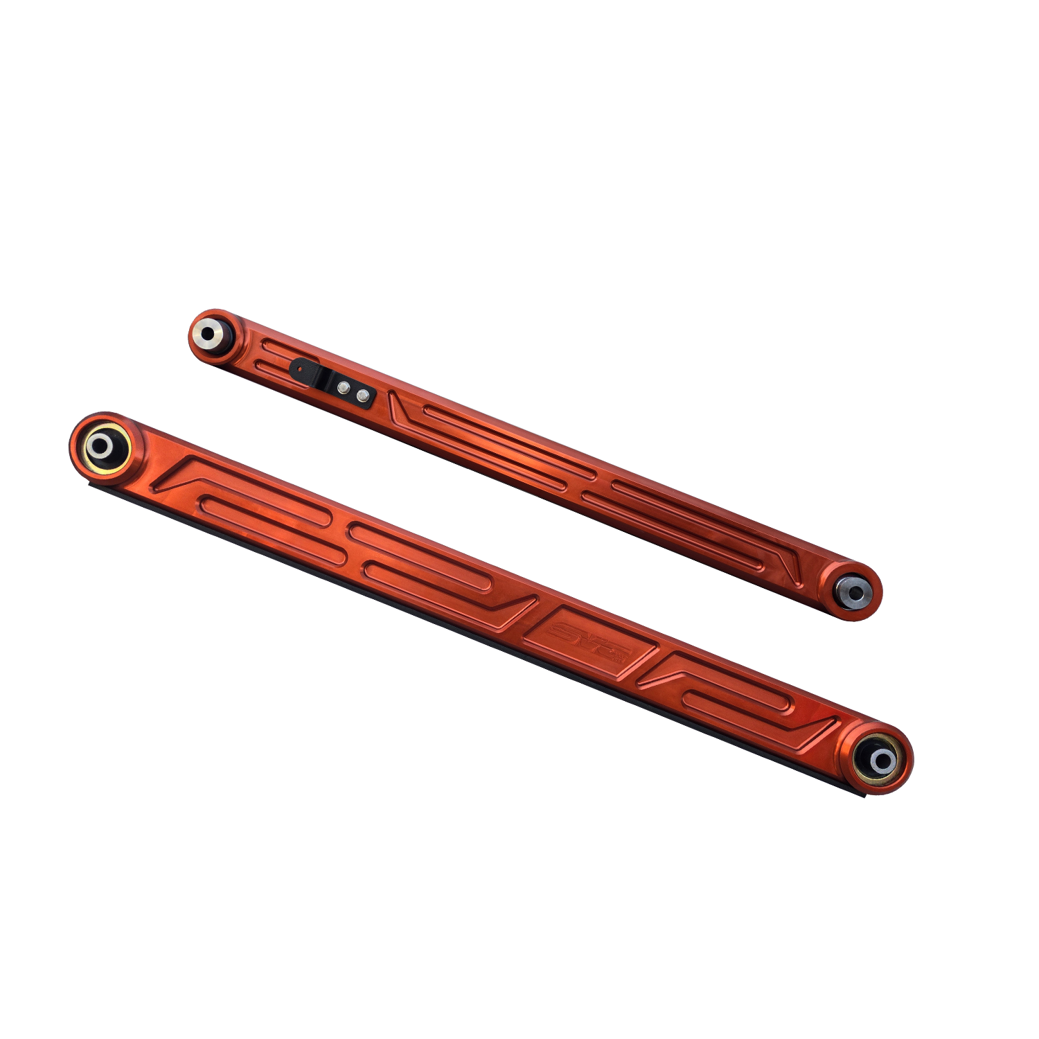 Billet upper and lower links for 2021+ Ford Raptor and Raptor R, featuring a sleek orange finish for enhanced performance.