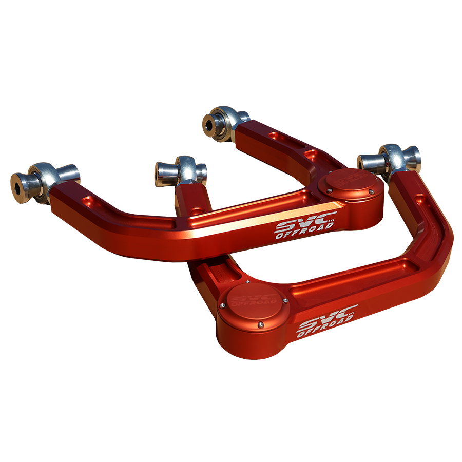 High-performance Bronco Raptor upper control arms in red aluminum, designed for enhanced off-road handling and durability.
